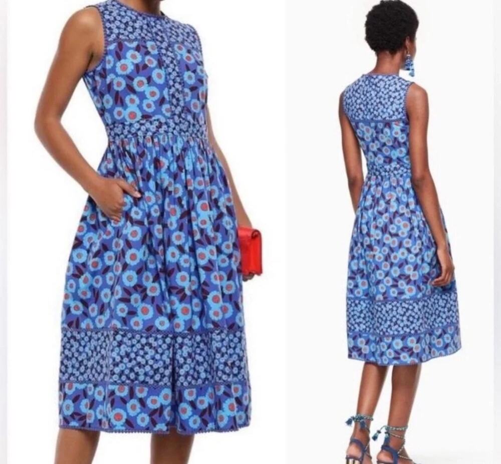 Kate Spade 4 Tangier Blue Patchwork Floral Eyelet Trim MIDI Fit Flare Dress EUC